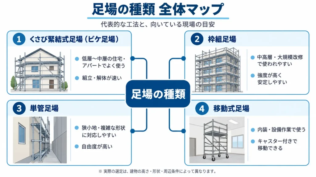 足場の種類 全体マップ|まず押さえる分類の考え方