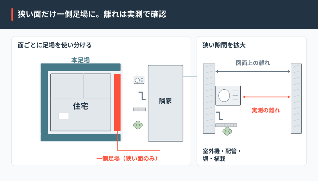 狭い面だけ一側足場にする併用の割付けと離れの実測ポイントの平面図