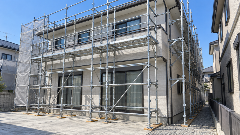 本足場と一側足場を面ごとに使い分けた戸建て改修の併用現場