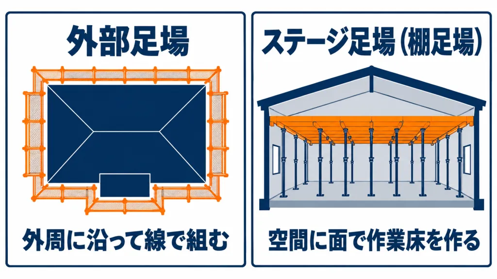 外周に線で組む外部足場と空間に面で組むステージ足場の違いを示す図