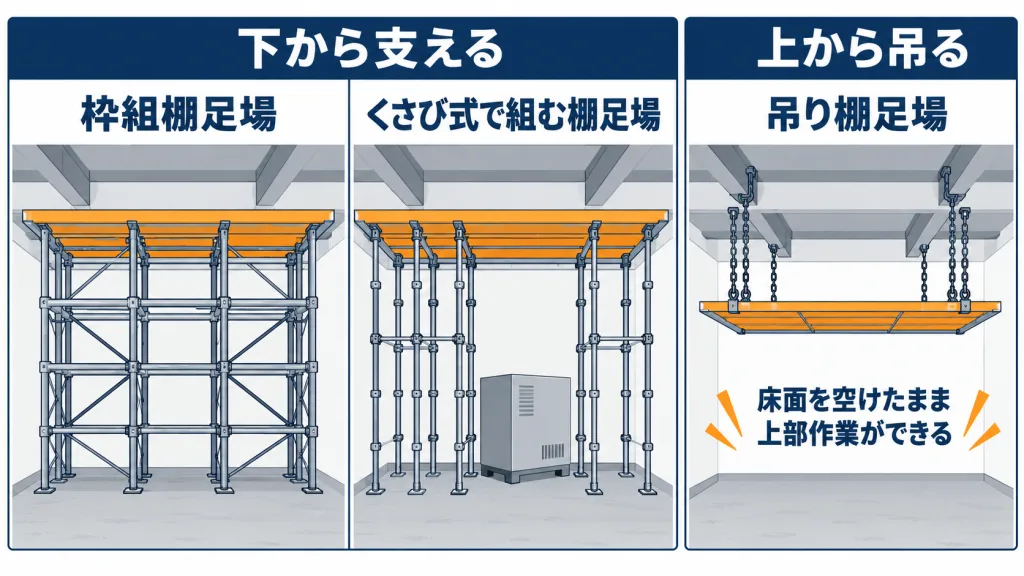枠組・くさび式・吊り棚の3方式でステージ足場を組む方法の比較図